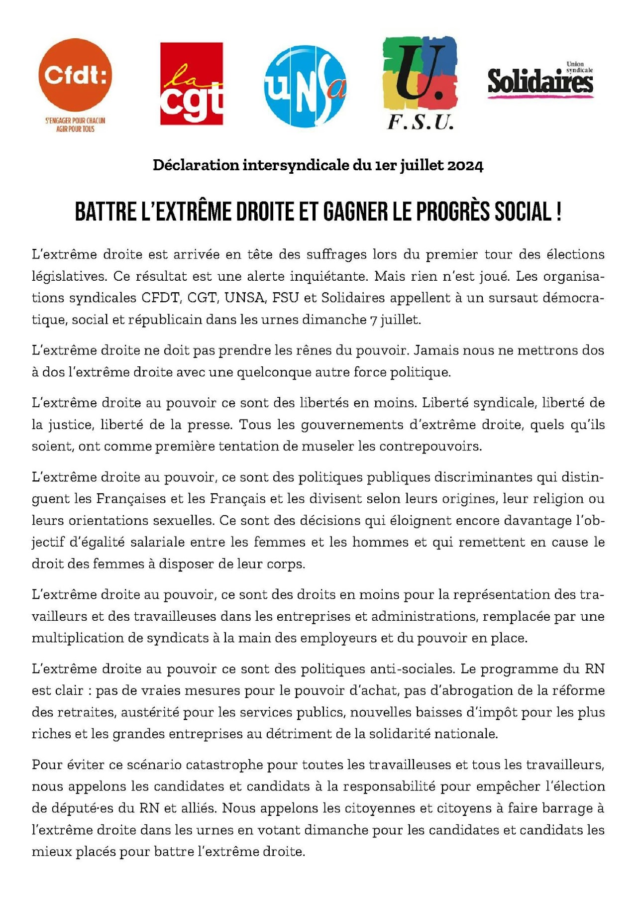 Battre l’extrême droite et gagner le progrès social !