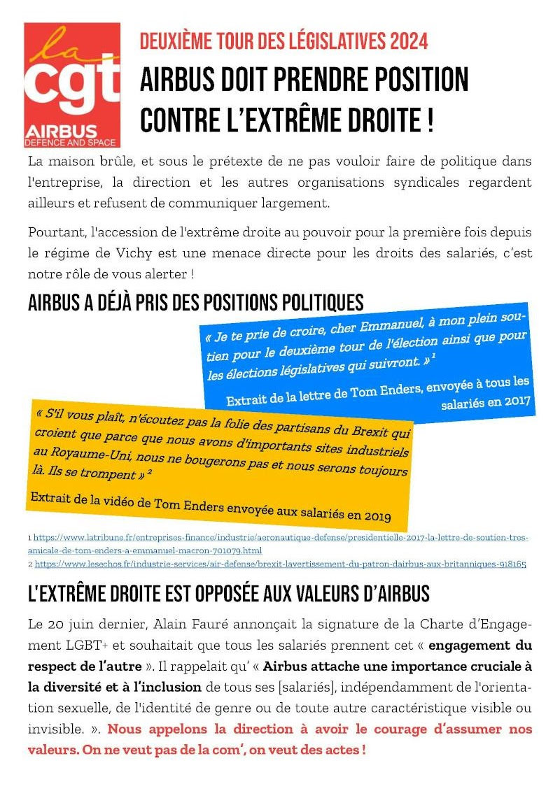 Deuxième tour des législatives 2024 : Airbus doit prendre position contre l’extrême droite !