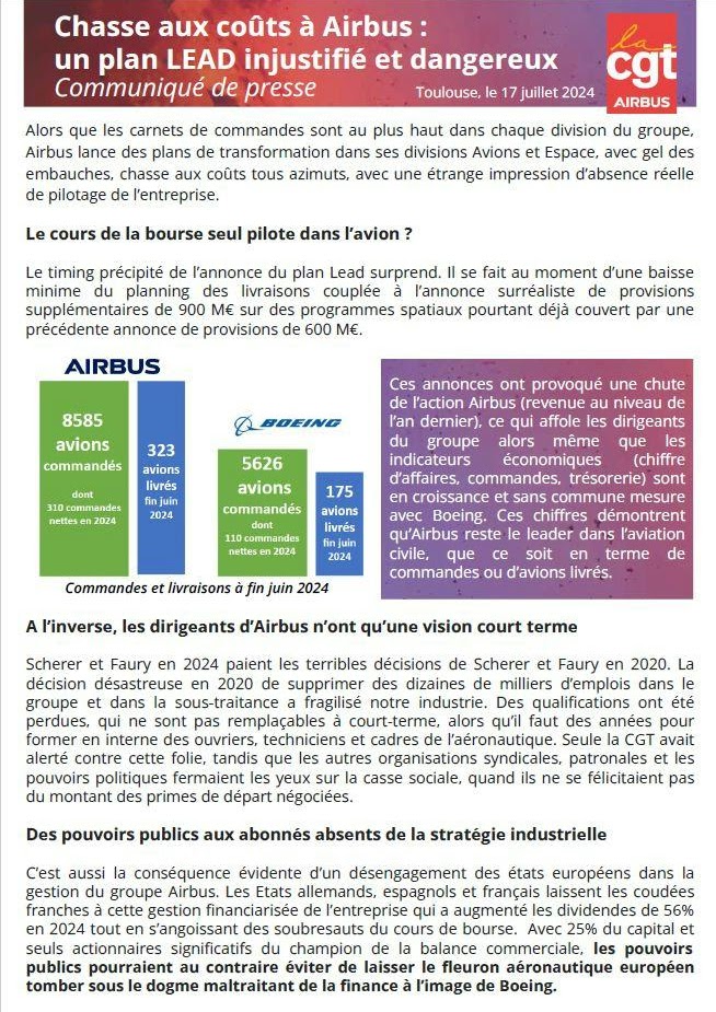 Chasse aux coûts à Airbus : un plan LEAD injustifié et dangereux
