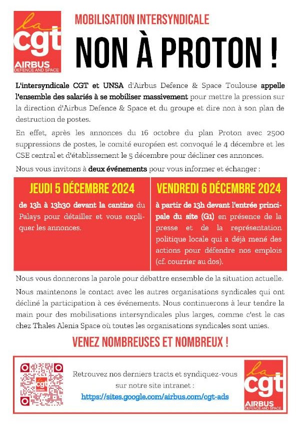 Mobilisation intersyndicale : non à Proton !
