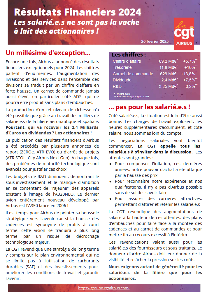 Résultats financiers Airbus 2024 : les salarié⋅e⋅s ne sont pas la vache à lait des actionnaires !