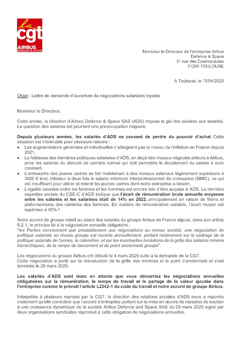 Lettre de demande d’ouverture de négociations salariales loyales