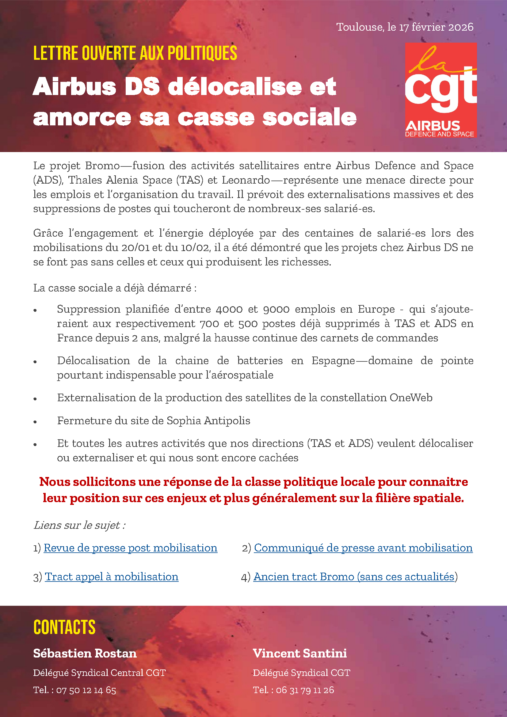 Lettre ouverte aux politiques – Airbus DS délocalise et amorce sa casse sociale